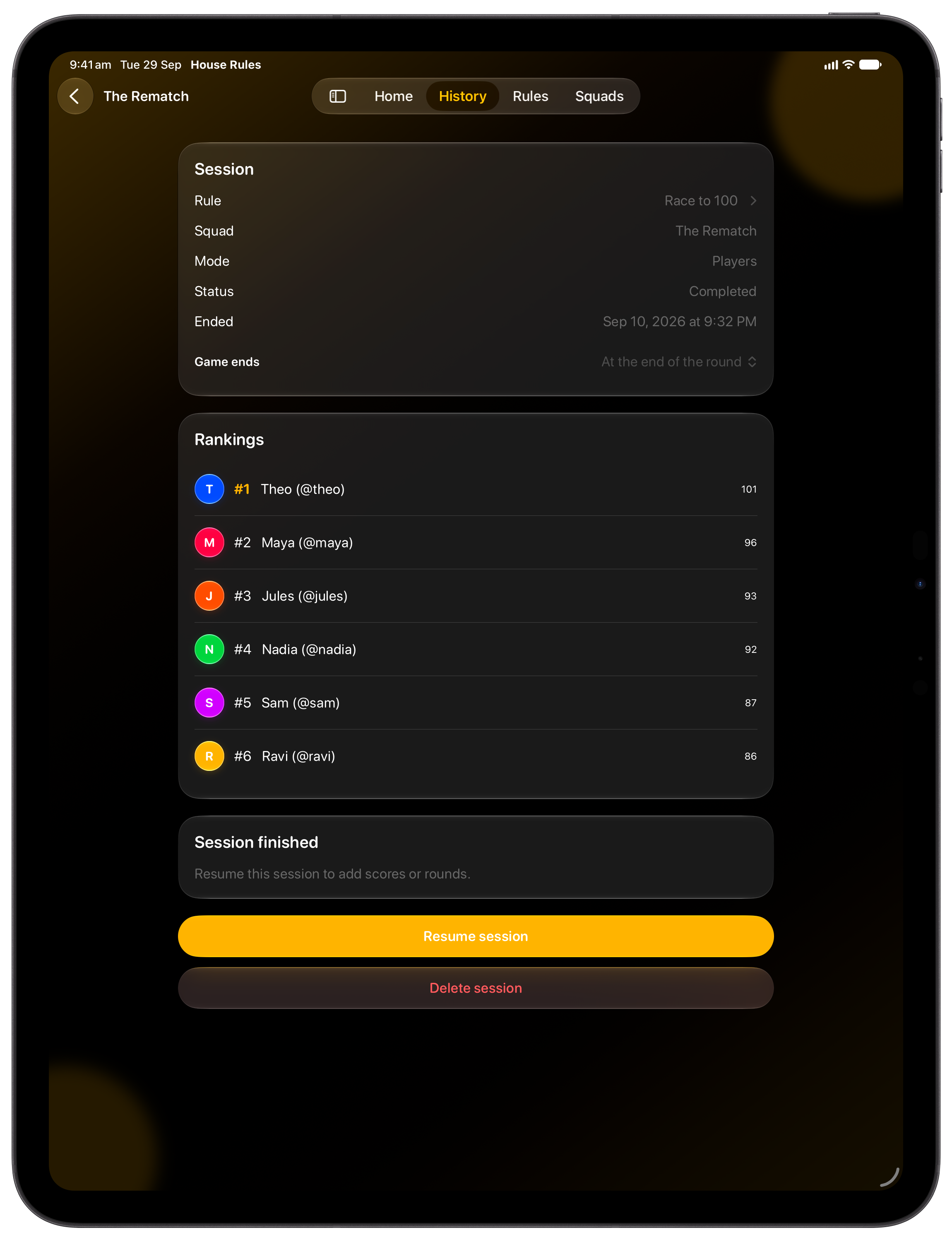 House Rules on iPad Pro 13-inch showing History in the Yellow tint, dark appearance.