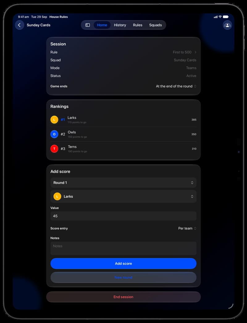 House Rules on iPad Pro 13-inch showing Keep Score in the Blue tint, dark appearance.