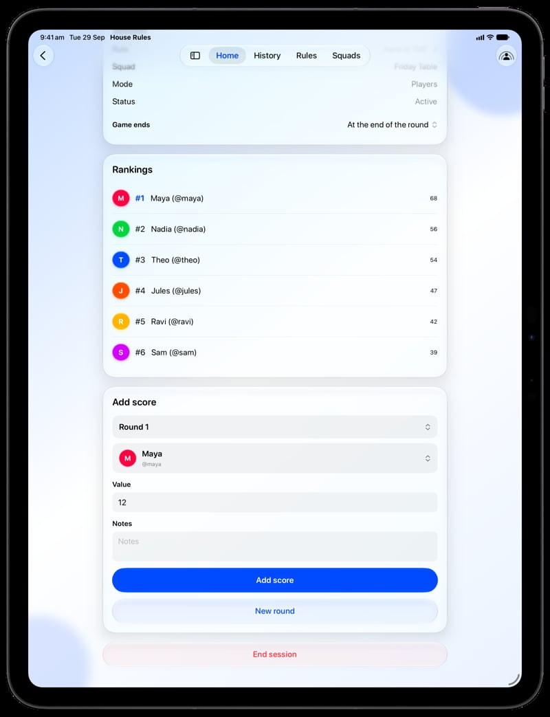 House Rules on iPad Pro 13-inch showing Keep Score in the Blue tint, light appearance.