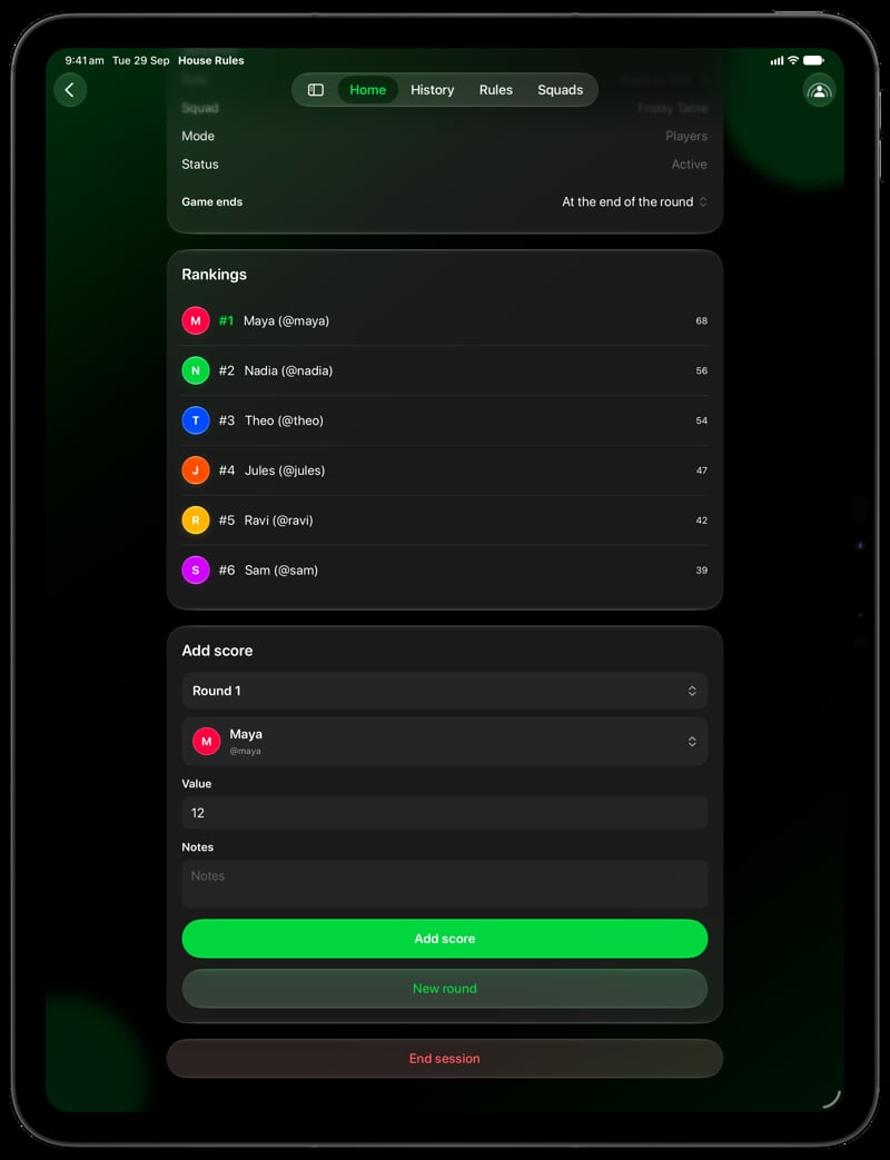 House Rules on iPad Pro 13-inch showing Keep Score in the Green tint, dark appearance.