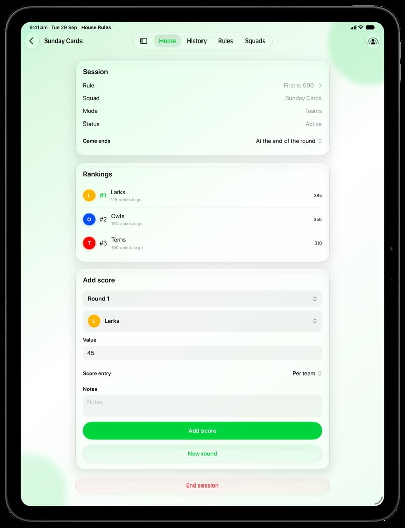 House Rules on iPad Pro 13-inch showing Keep Score in the Green tint, light appearance.