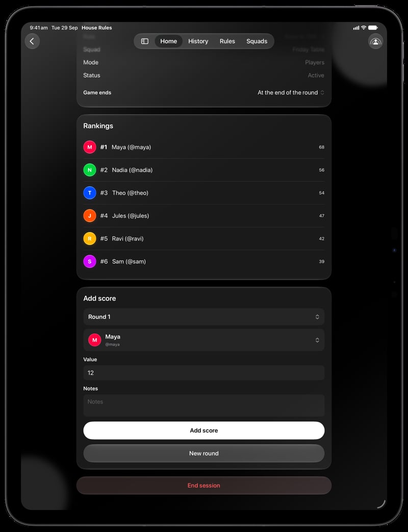House Rules on iPad Pro 13-inch showing Keep Score in the Grey tint, dark appearance.