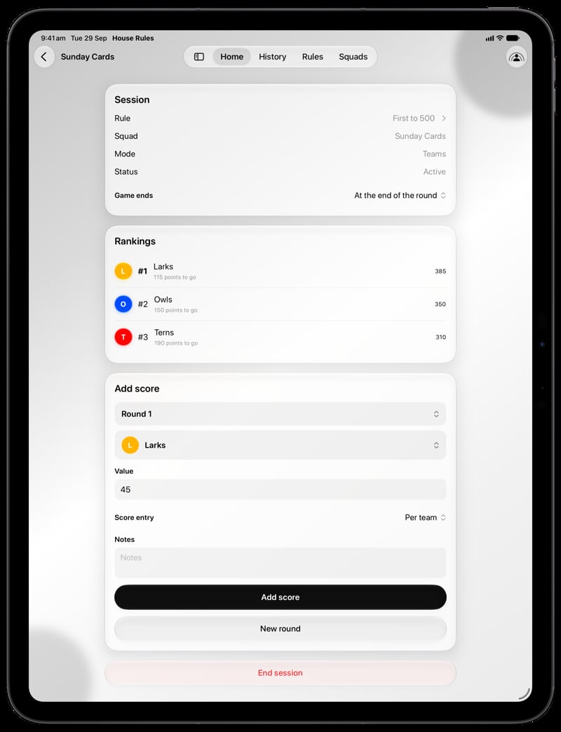 House Rules on iPad Pro 13-inch showing Keep Score in the Grey tint, light appearance.