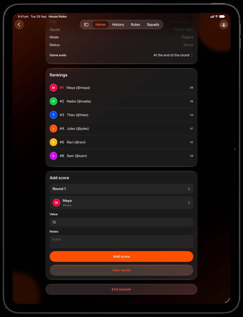 House Rules on iPad Pro 13-inch showing Keep Score in the Orange tint, dark appearance.