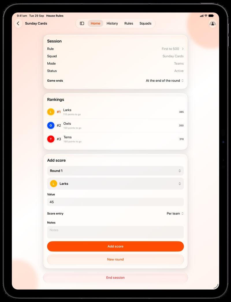 House Rules on iPad Pro 13-inch showing Keep Score in the Orange tint, light appearance.