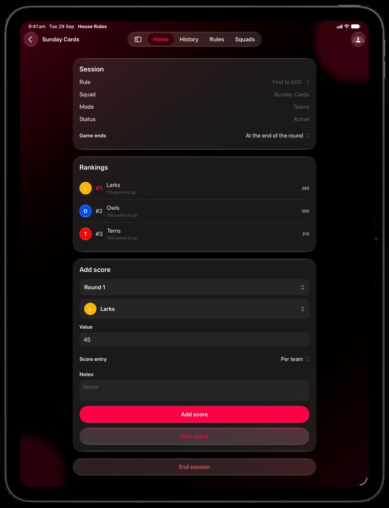 House Rules on iPad Pro 13-inch showing Keep Score in the Pink tint, dark appearance.