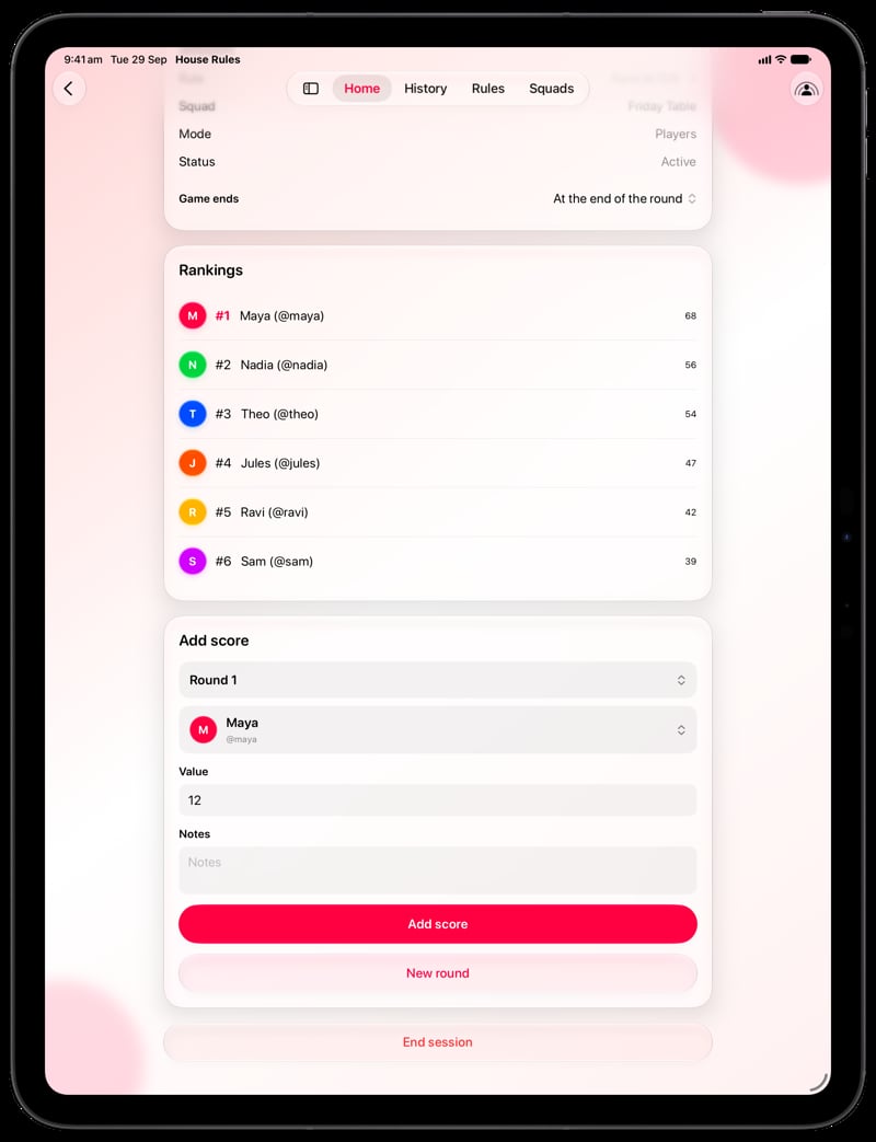 House Rules on iPad Pro 13-inch showing Keep Score in the Pink tint, light appearance.