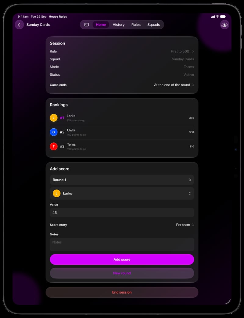 House Rules on iPad Pro 13-inch showing Keep Score in the Purple tint, dark appearance.
