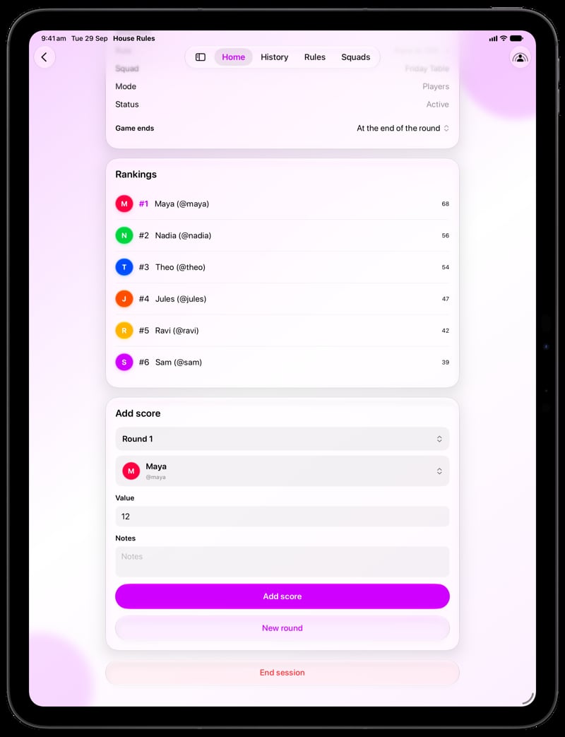 House Rules on iPad Pro 13-inch showing Keep Score in the Purple tint, light appearance.
