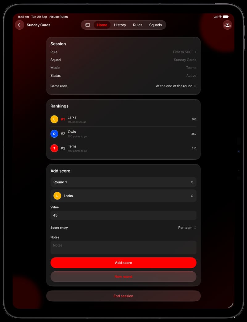 House Rules on iPad Pro 13-inch showing Keep Score in the Red tint, dark appearance.