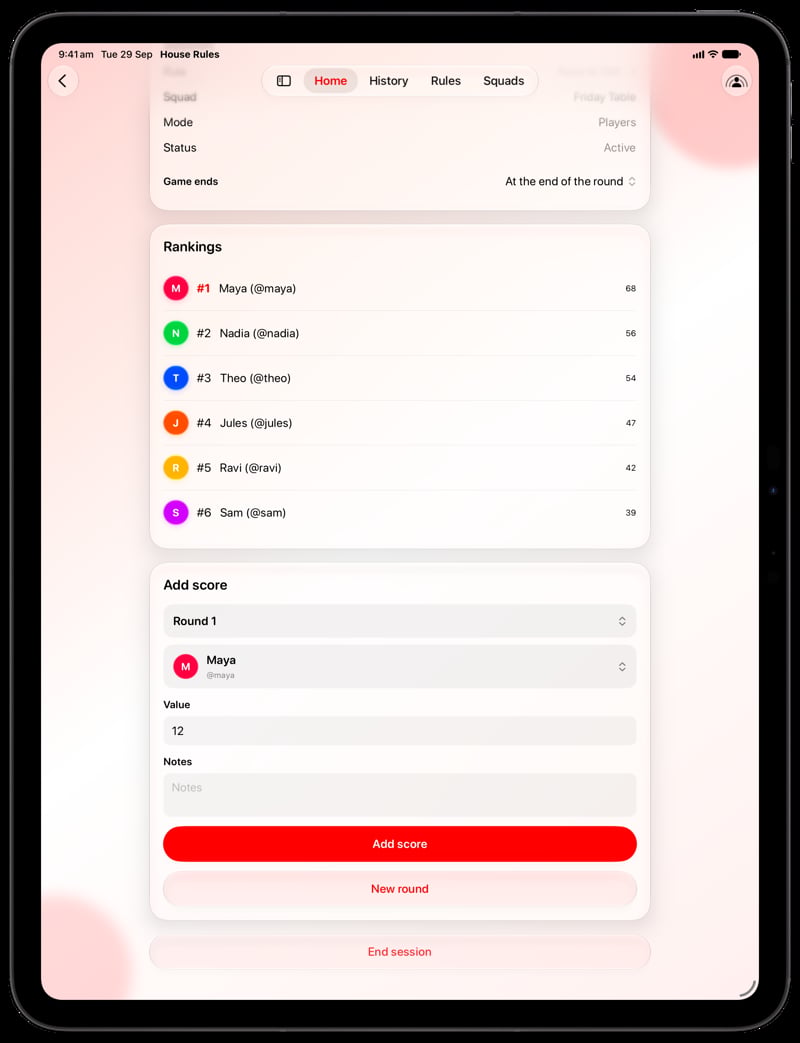 House Rules on iPad Pro 13-inch showing Keep Score in the Red tint, light appearance.