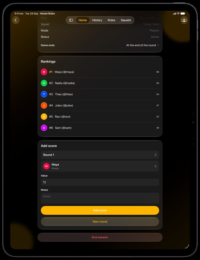 House Rules on iPad Pro 13-inch showing Keep Score in the Yellow tint, dark appearance.