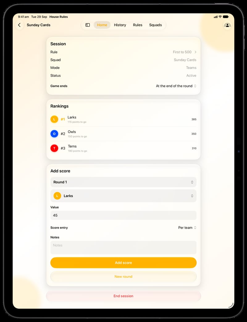 House Rules on iPad Pro 13-inch showing Keep Score in the Yellow tint, light appearance.