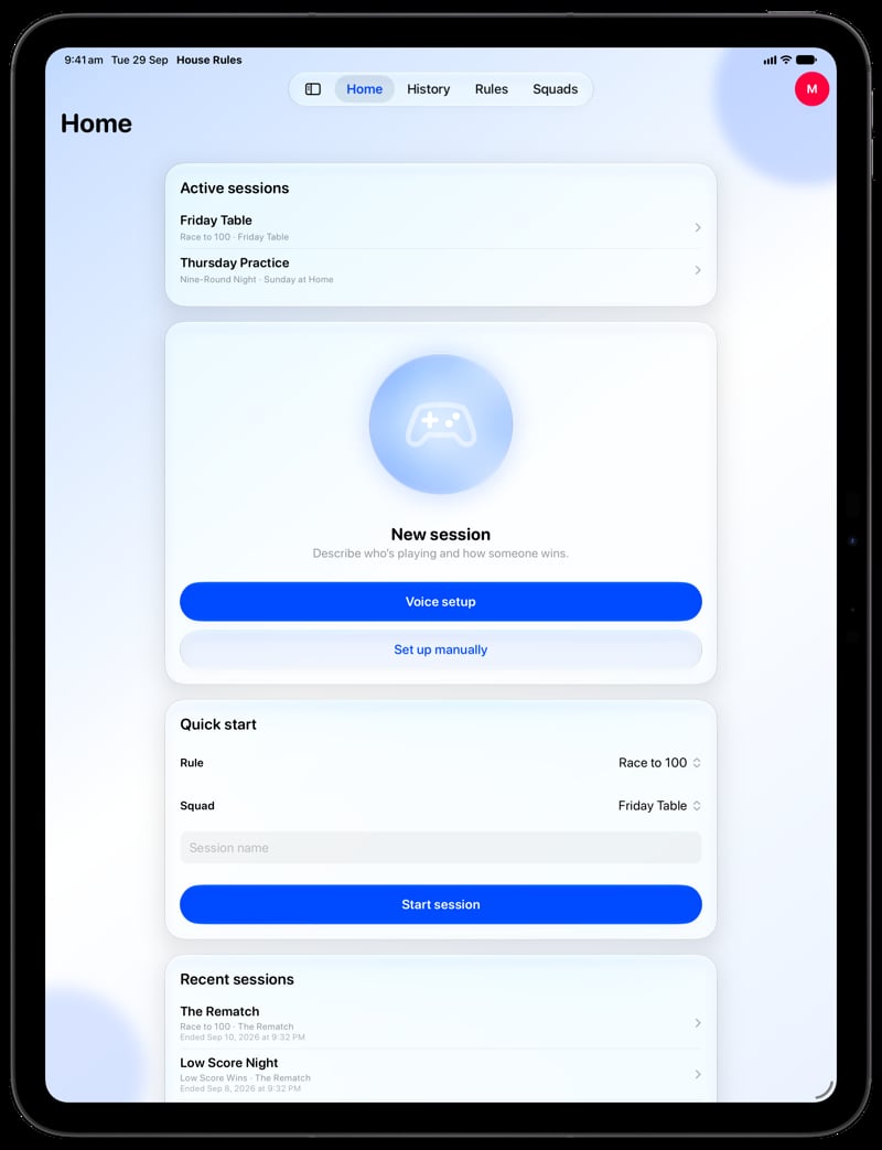 House Rules on iPad Pro 13-inch showing Ready to Play in the Blue tint, light appearance.