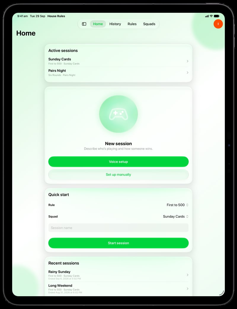 House Rules on iPad Pro 13-inch showing Ready to Play in the Green tint, light appearance.