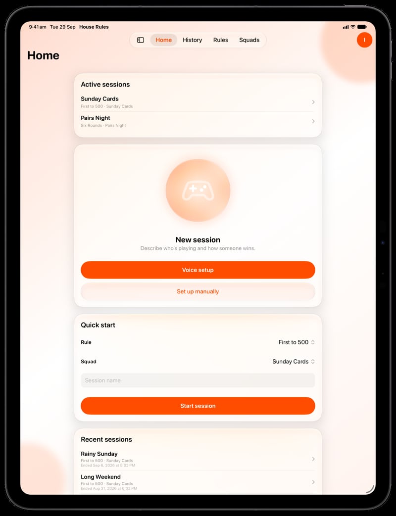 House Rules on iPad Pro 13-inch showing Ready to Play in the Orange tint, light appearance.