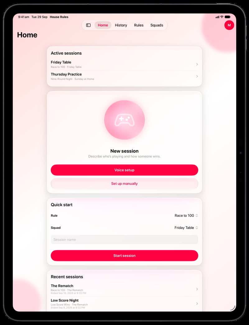 House Rules on iPad Pro 13-inch showing Ready to Play in the Pink tint, light appearance.
