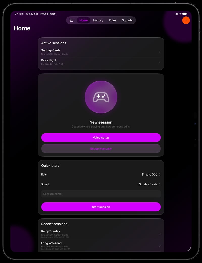 House Rules on iPad Pro 13-inch showing Ready to Play in the Purple tint, dark appearance.