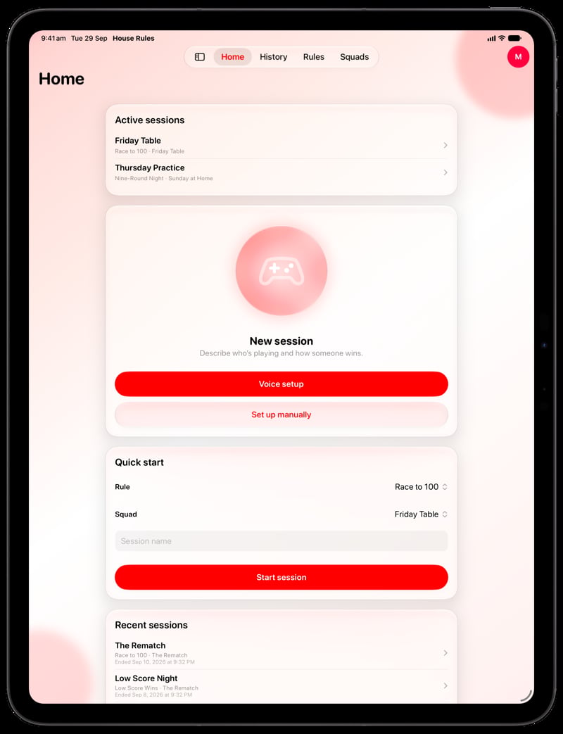 House Rules on iPad Pro 13-inch showing Ready to Play in the Red tint, light appearance.