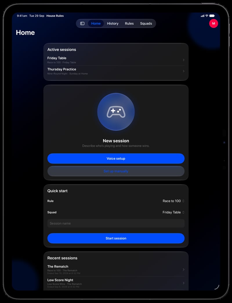 House Rules on iPad Pro 13-inch showing Home in the Blue tint, dark appearance.