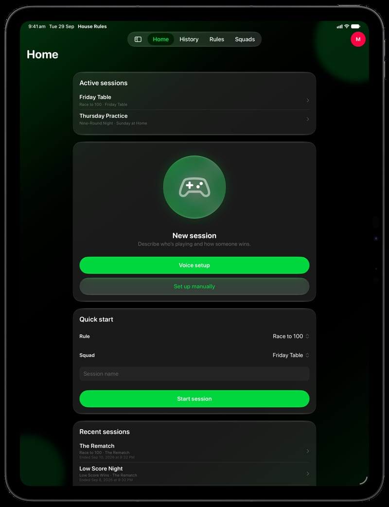 House Rules on iPad Pro 13-inch showing Home in the Green tint, dark appearance.