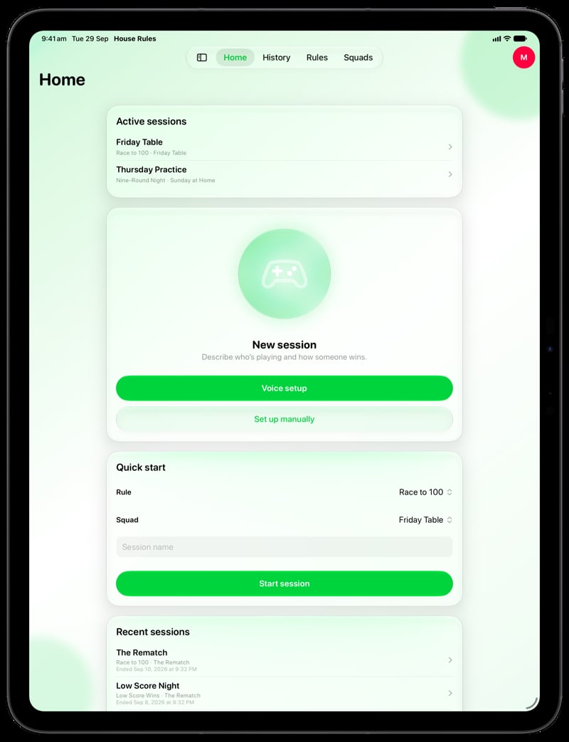 House Rules on iPad Pro 13-inch showing Home in the Green tint, light appearance.