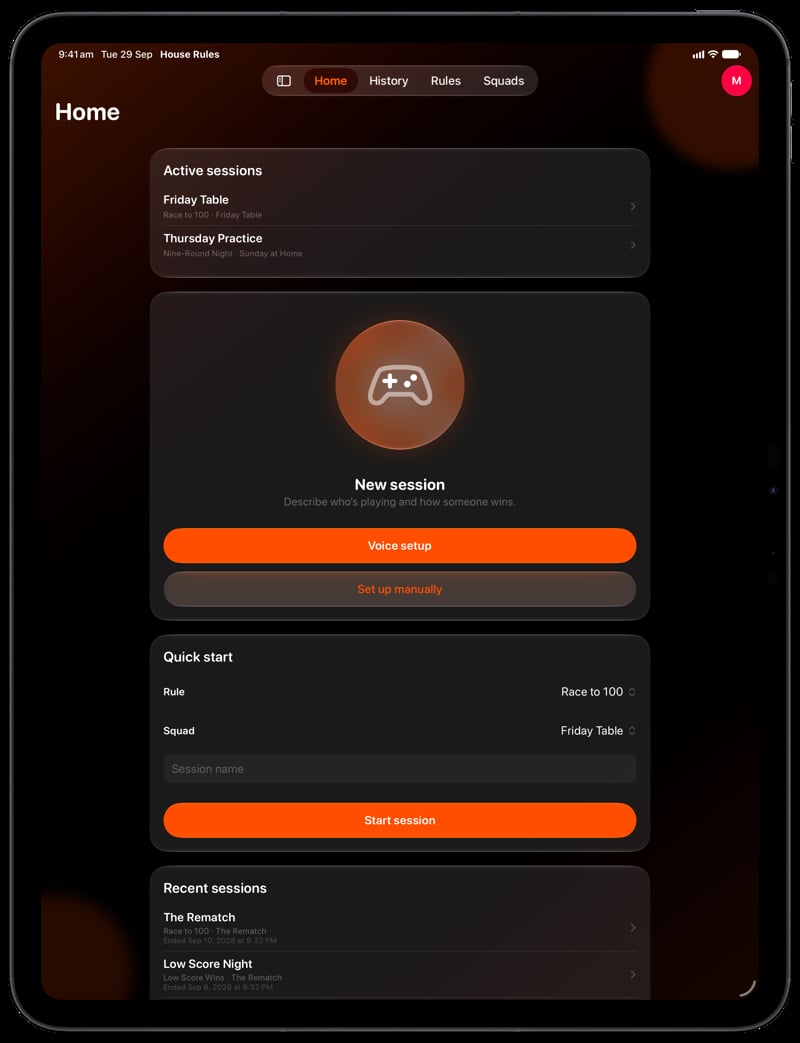 House Rules on iPad Pro 13-inch showing Home in the Orange tint, dark appearance.