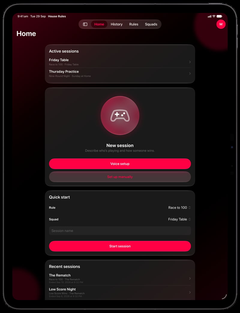 House Rules on iPad Pro 13-inch showing Home in the Pink tint, dark appearance.