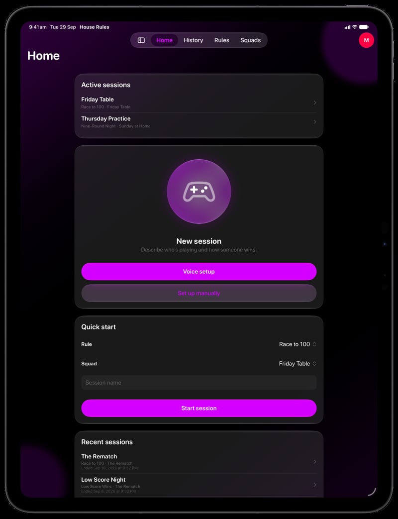 House Rules on iPad Pro 13-inch showing Home in the Purple tint, dark appearance.