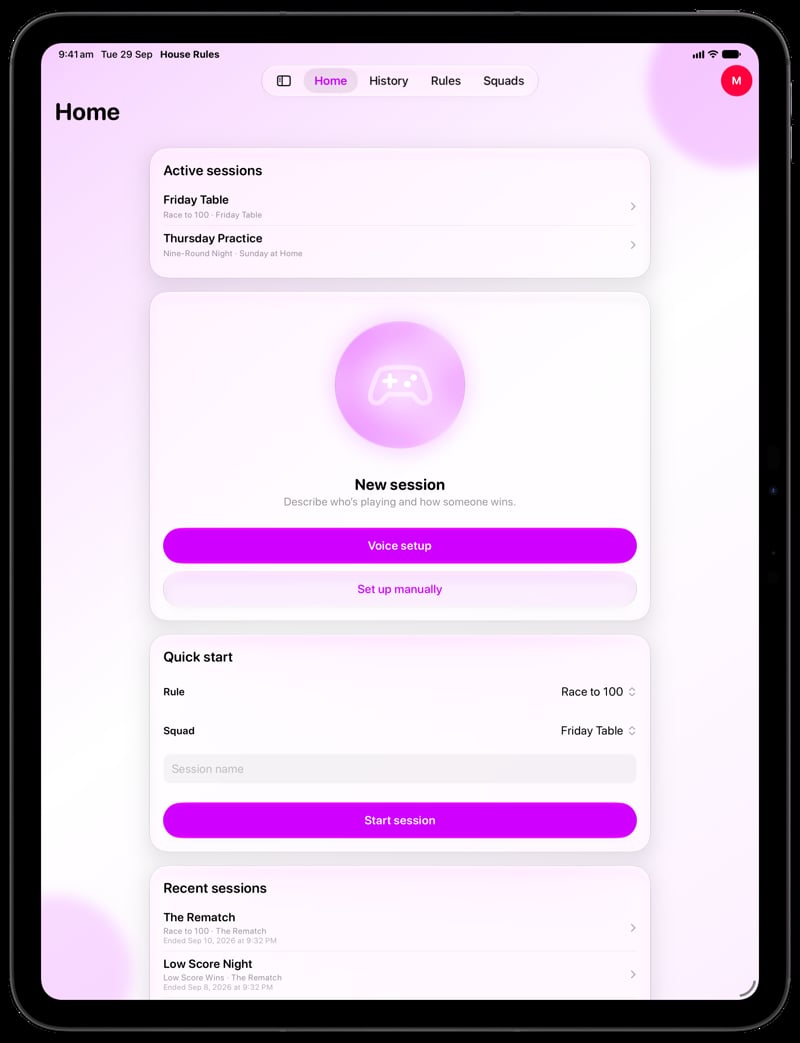 House Rules on iPad Pro 13-inch showing Home in the Purple tint, light appearance.