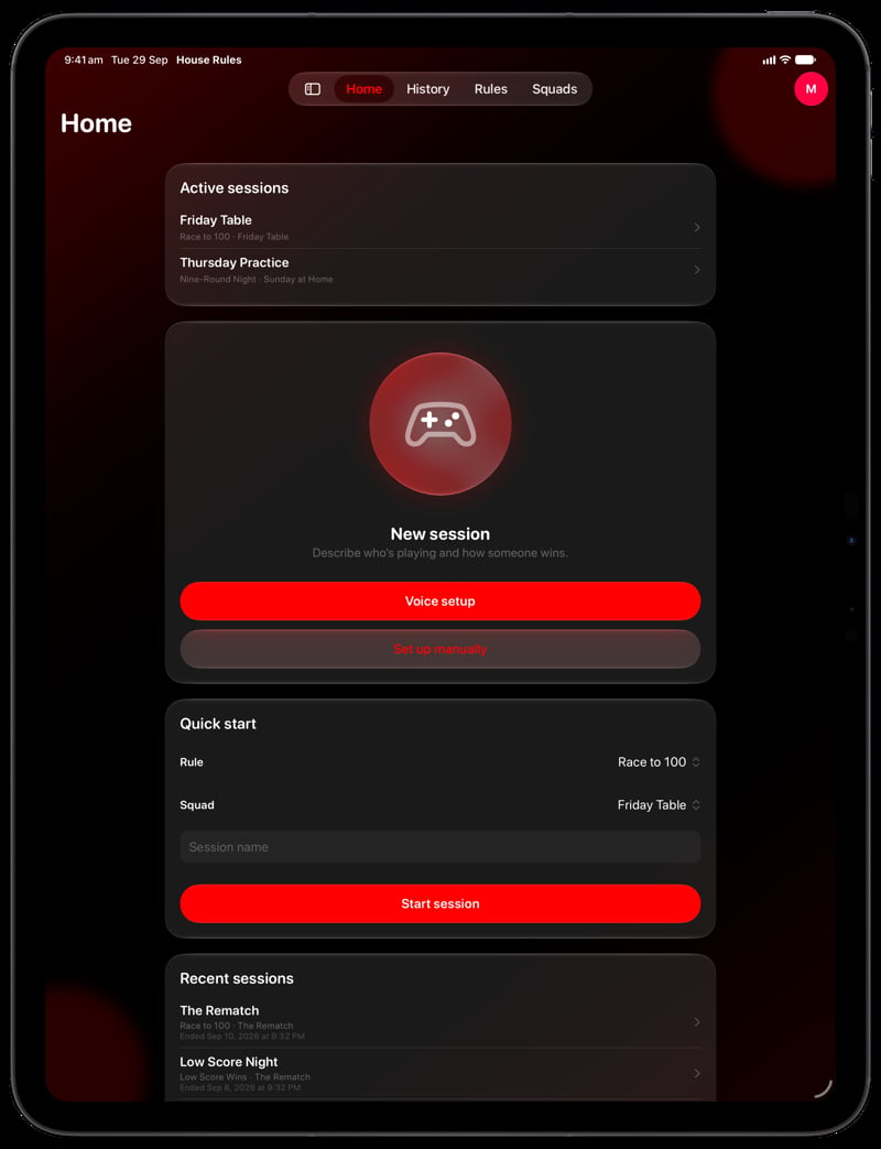House Rules on iPad Pro 13-inch showing Home in the Red tint, dark appearance.