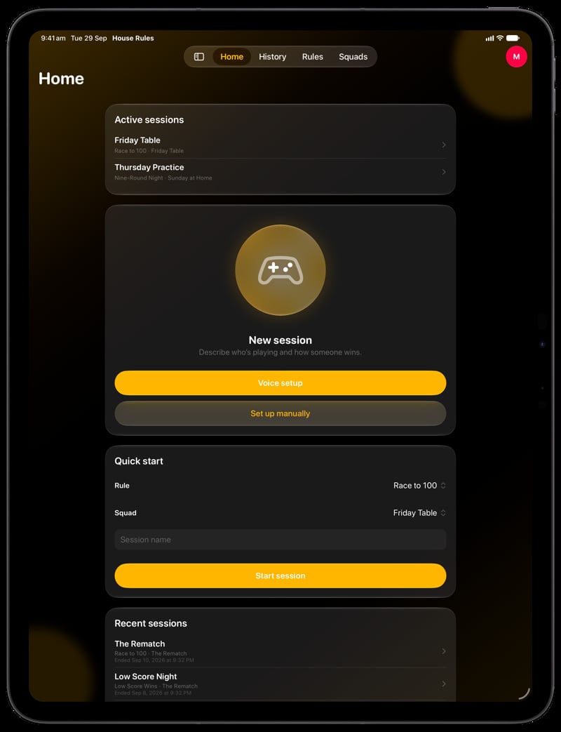 House Rules on iPad Pro 13-inch showing Home in the Yellow tint, dark appearance.