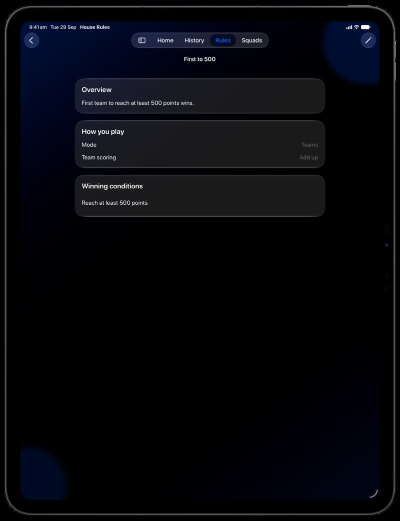 House Rules on iPad Pro 13-inch showing Your Rules in the Blue tint, dark appearance.