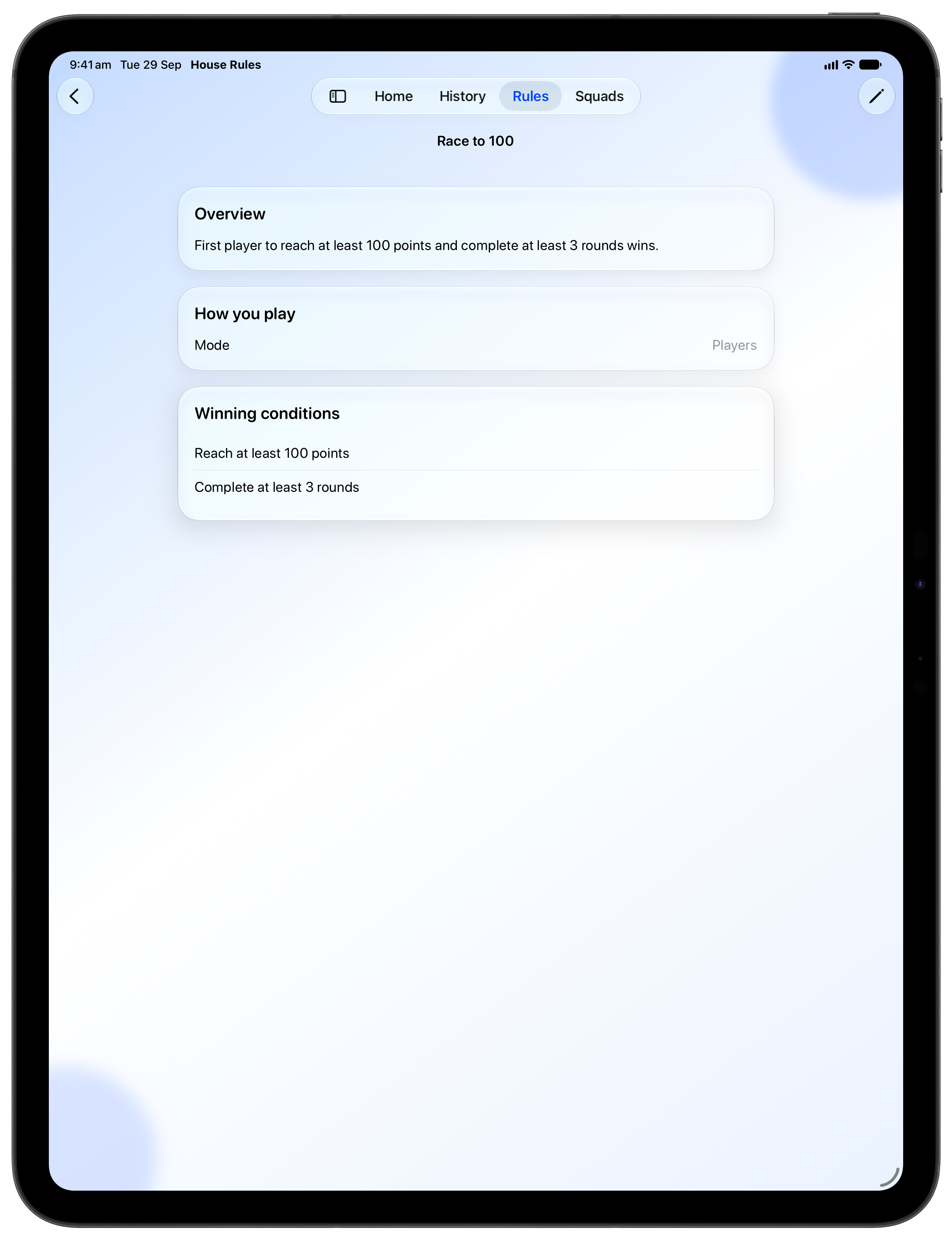 House Rules on iPad Pro 13-inch showing Your Rules in the Blue tint, light appearance.