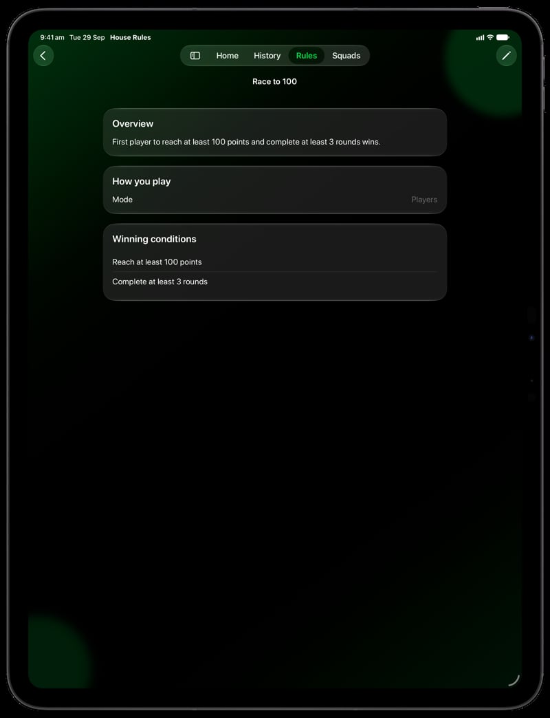 House Rules on iPad Pro 13-inch showing Your Rules in the Green tint, dark appearance.
