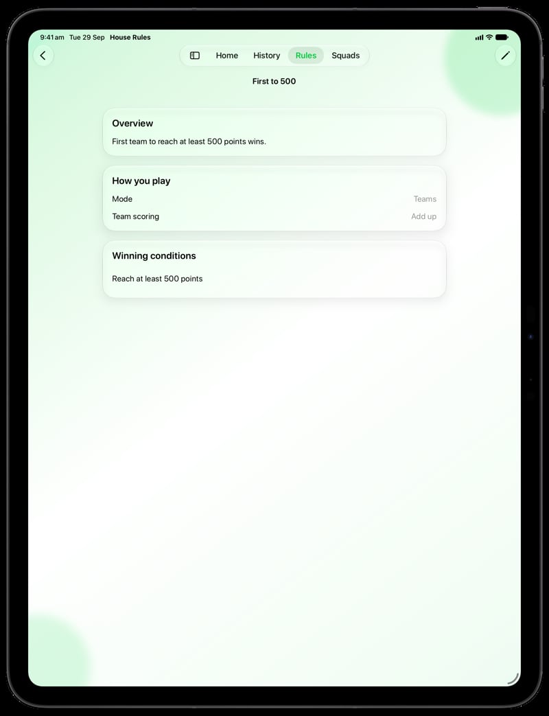 House Rules on iPad Pro 13-inch showing Your Rules in the Green tint, light appearance.