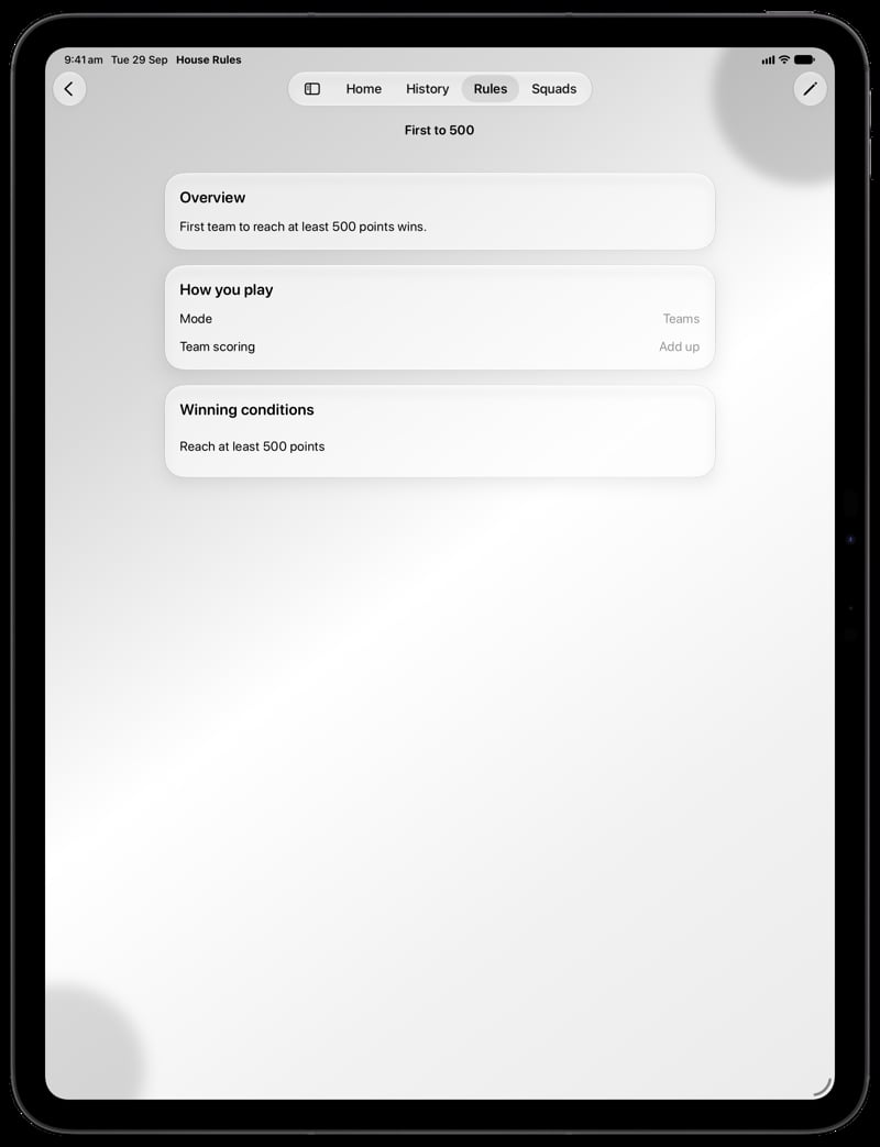 House Rules on iPad Pro 13-inch showing Your Rules in the Grey tint, light appearance.