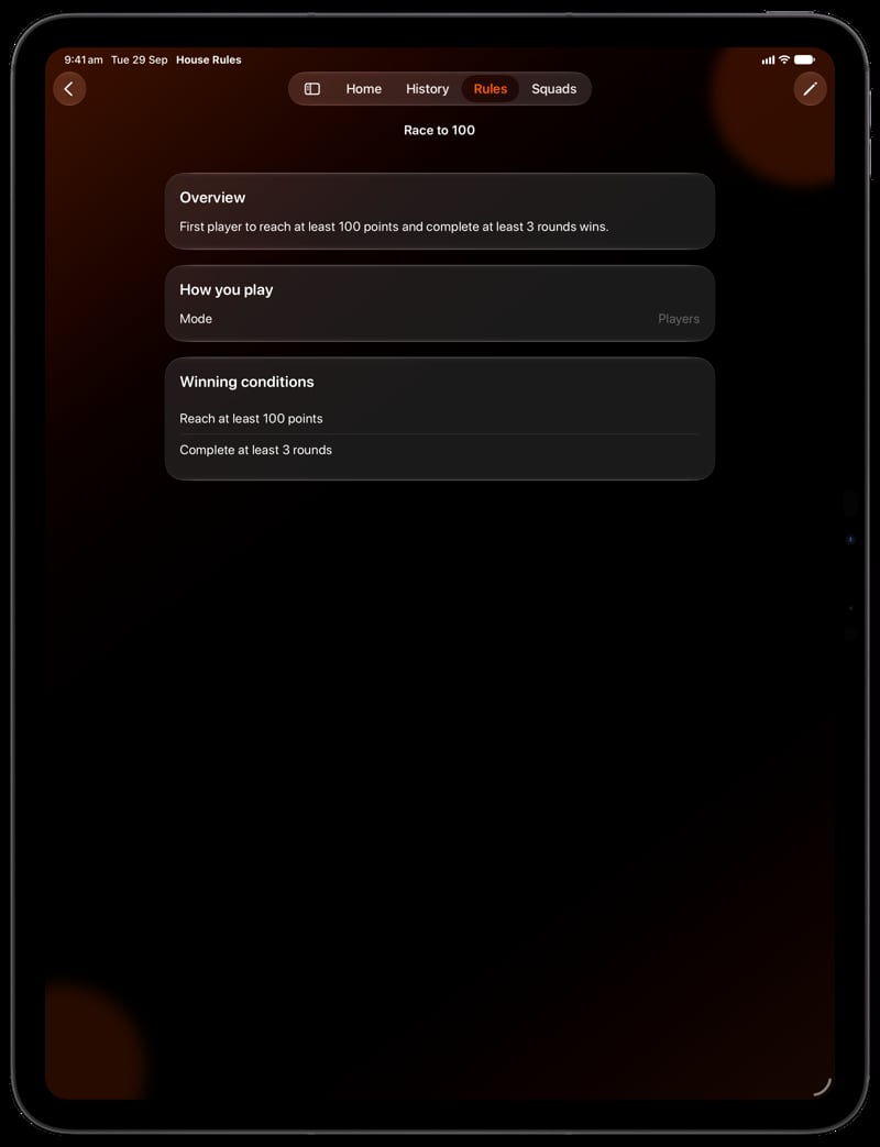 House Rules on iPad Pro 13-inch showing Your Rules in the Orange tint, dark appearance.