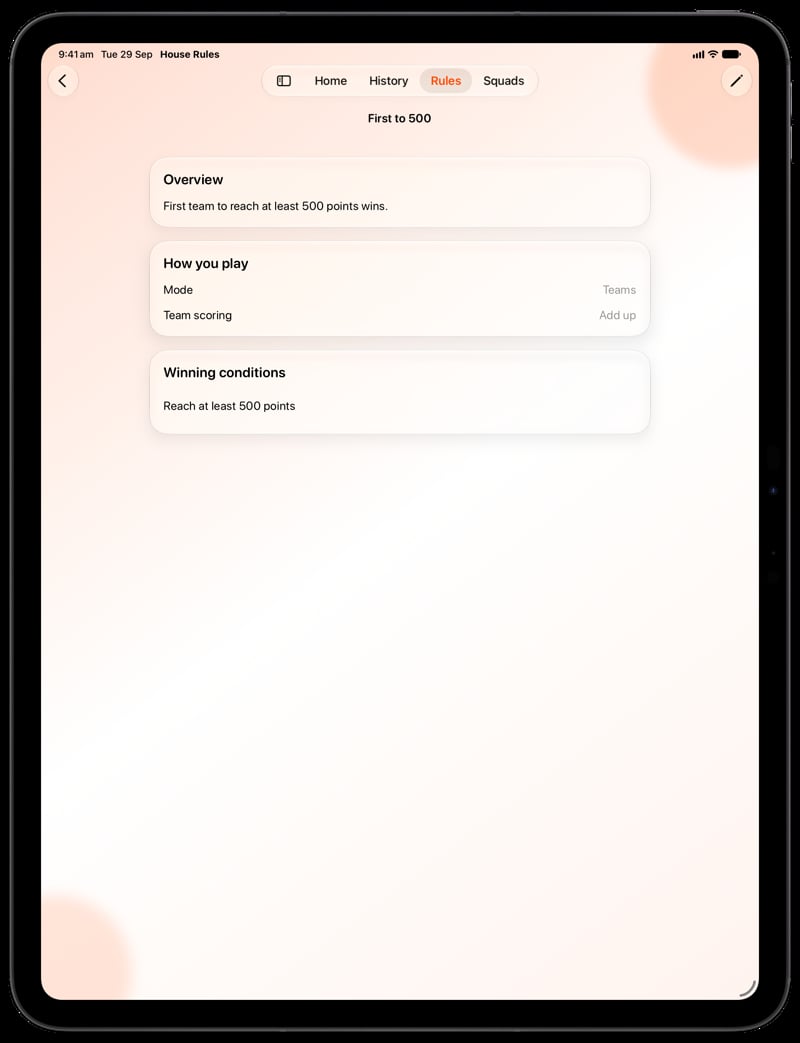 House Rules on iPad Pro 13-inch showing Your Rules in the Orange tint, light appearance.