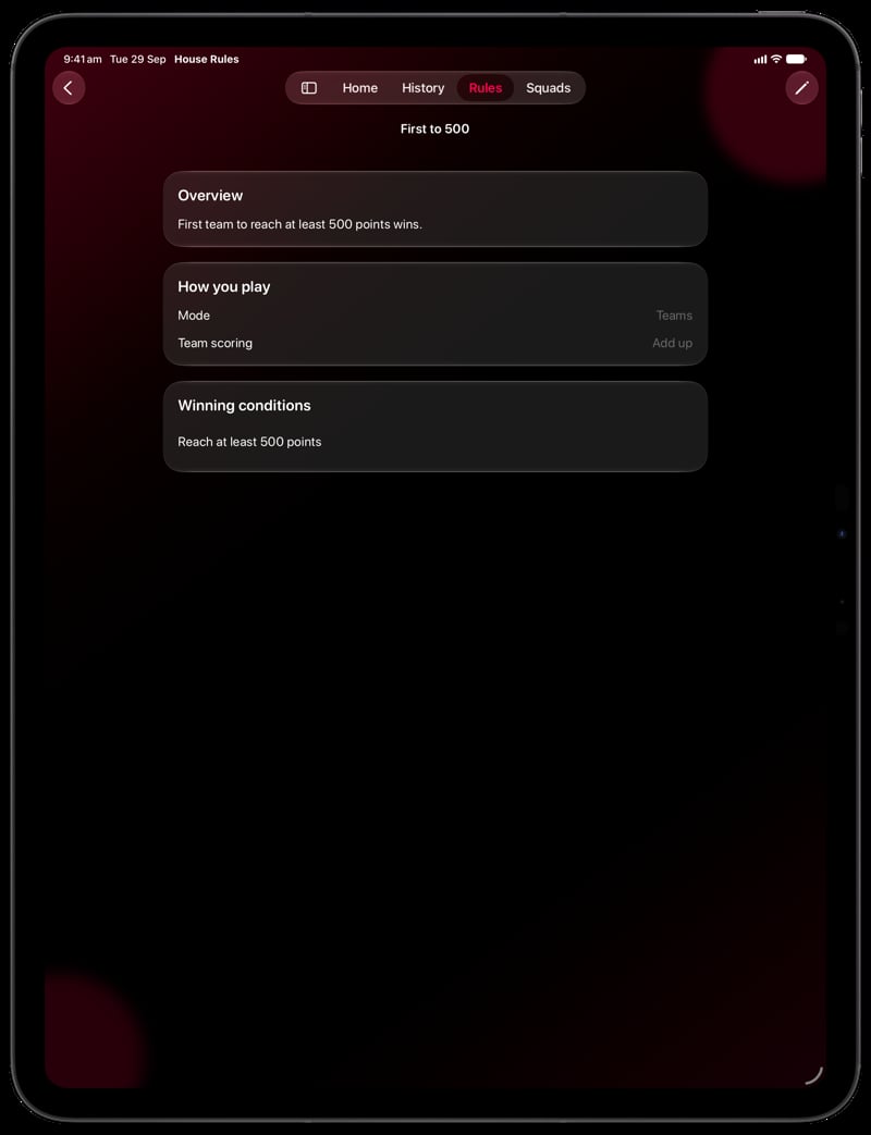 House Rules on iPad Pro 13-inch showing Your Rules in the Pink tint, dark appearance.