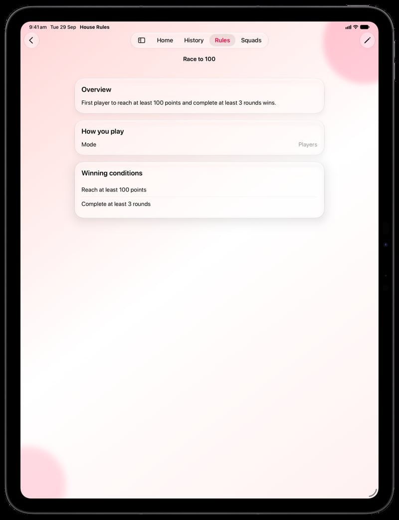 House Rules on iPad Pro 13-inch showing Your Rules in the Pink tint, light appearance.