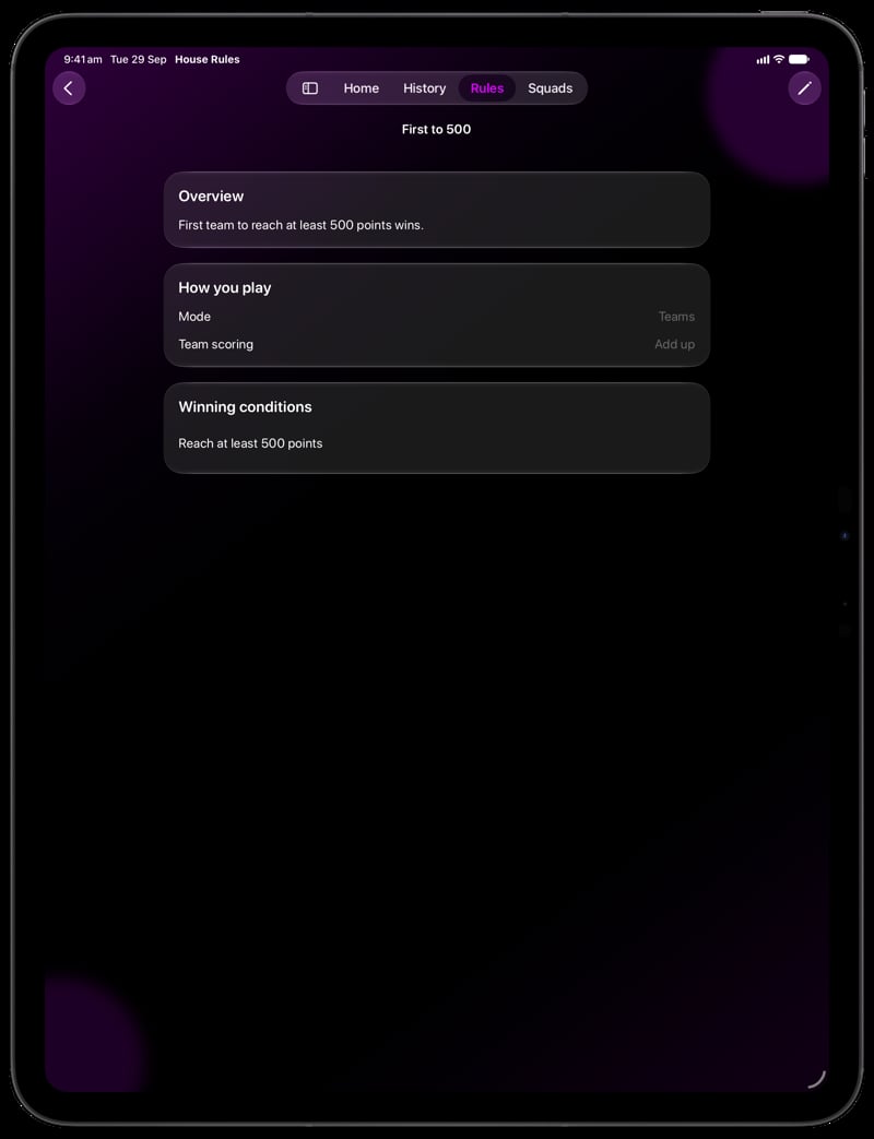 House Rules on iPad Pro 13-inch showing Your Rules in the Purple tint, dark appearance.