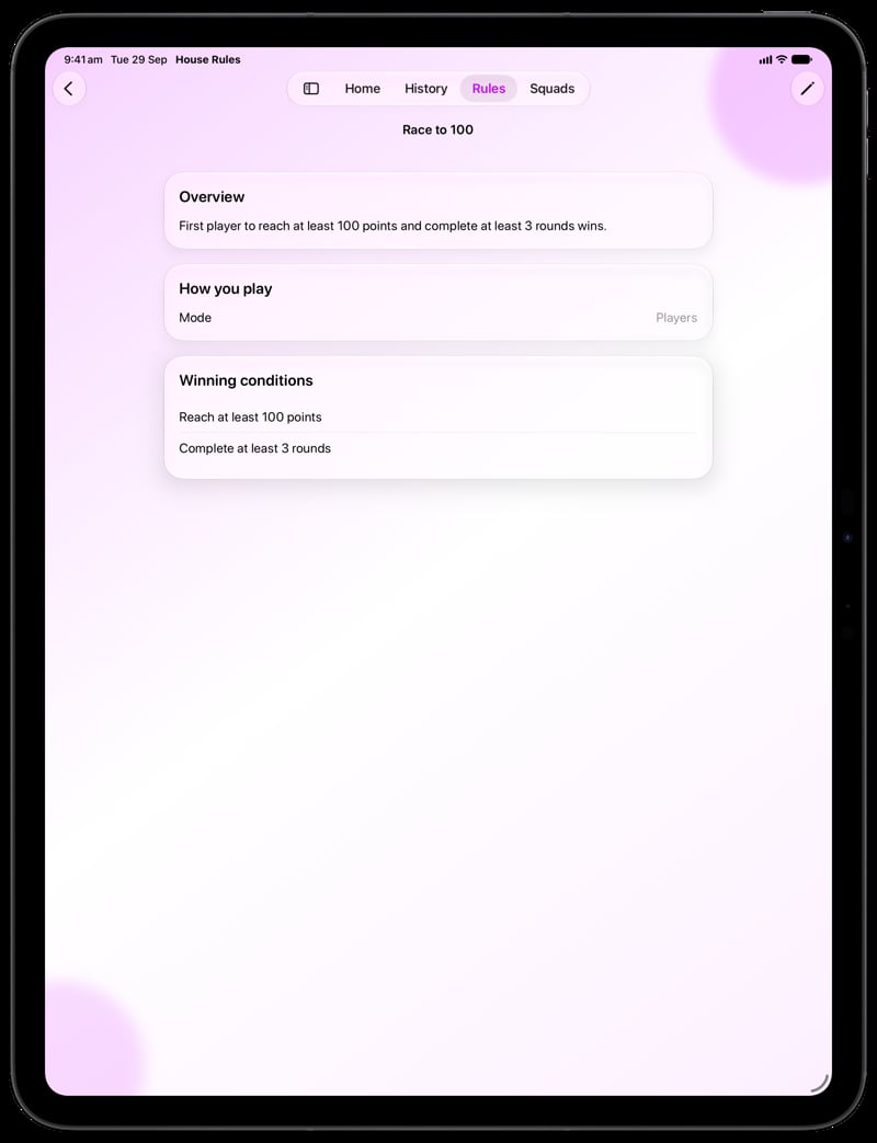 House Rules on iPad Pro 13-inch showing Your Rules in the Purple tint, light appearance.