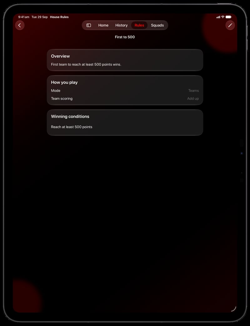 House Rules on iPad Pro 13-inch showing Your Rules in the Red tint, dark appearance.