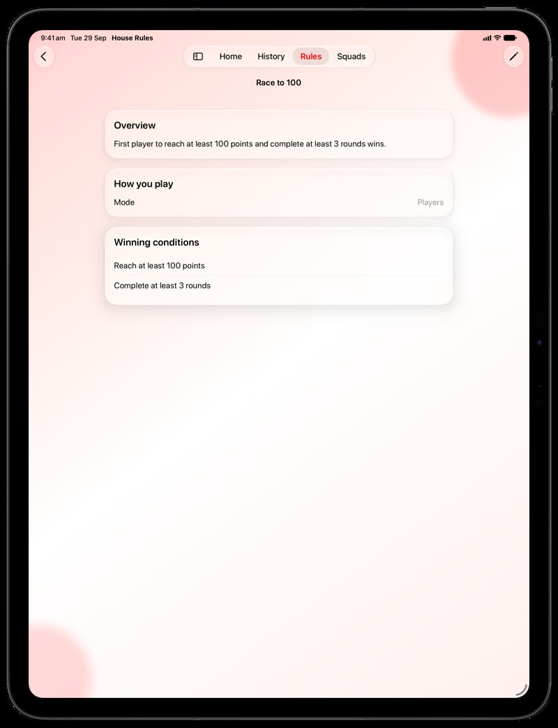 House Rules on iPad Pro 13-inch showing Your Rules in the Red tint, light appearance.