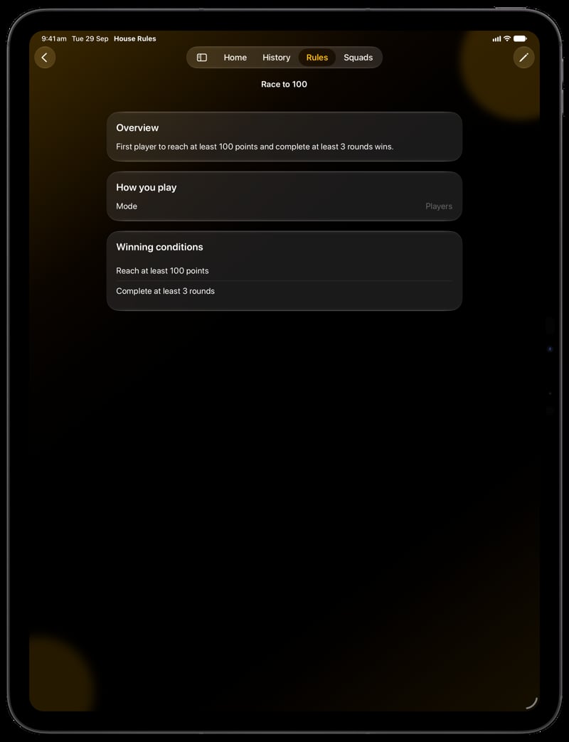 House Rules on iPad Pro 13-inch showing Your Rules in the Yellow tint, dark appearance.