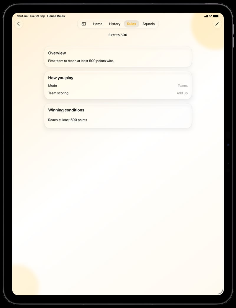 House Rules on iPad Pro 13-inch showing Your Rules in the Yellow tint, light appearance.