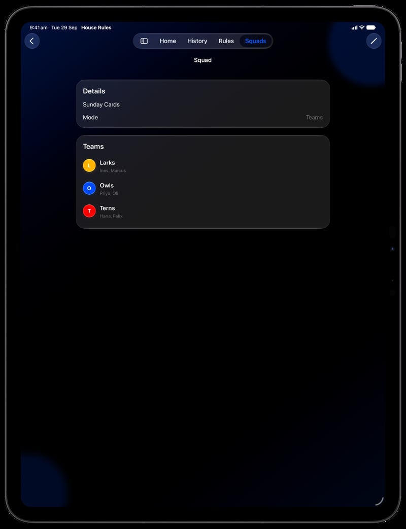 House Rules on iPad Pro 13-inch showing Your Squad in the Blue tint, dark appearance.