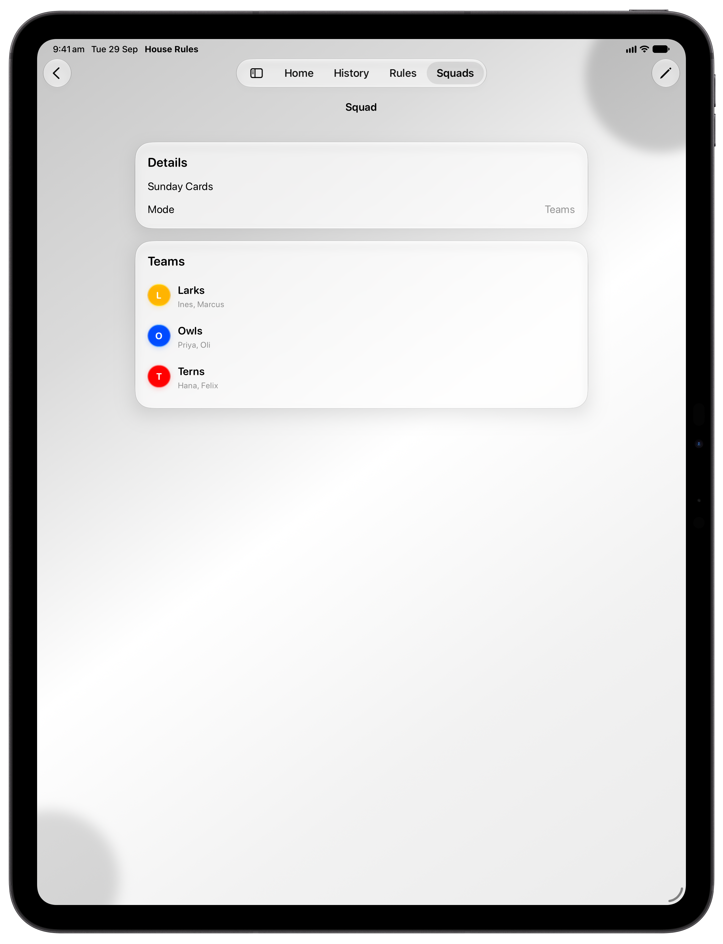 House Rules on iPad Pro 13-inch showing Your Squad in the Grey tint, light appearance.