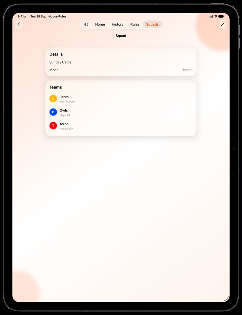 House Rules on iPad Pro 13-inch showing Your Squad in the Orange tint, light appearance.